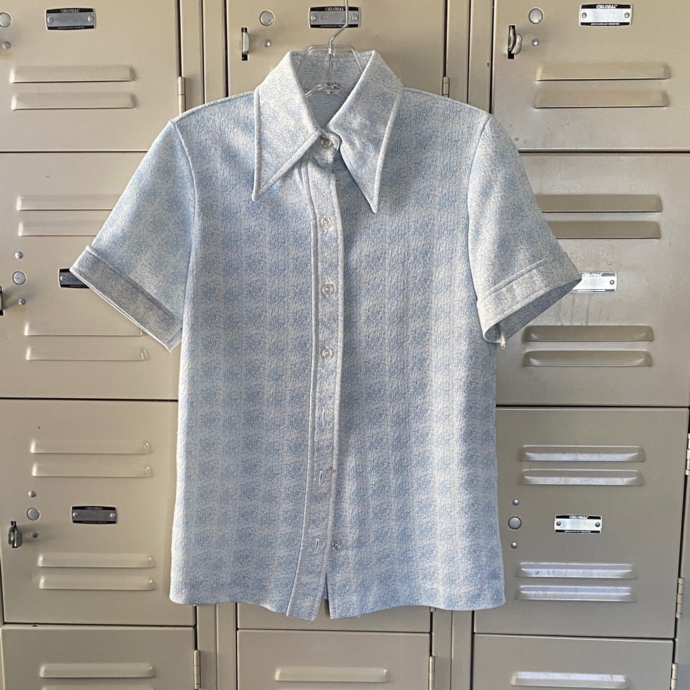 70’s Vintage Poly-Knit Light Blue Short-Sleeve Button-Up Shirt.